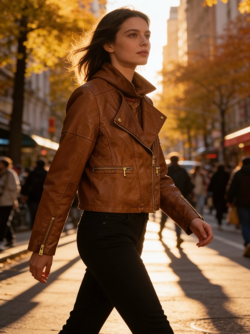 Ladies Brown Faux Leather Moto Jacket Large